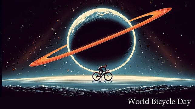 World Bicycle Day : Diverse Cyclists in a Vibrant 3D Orbit Around the Globe – A Futuristic Poster Depiction