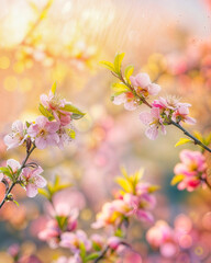 Fototapeta na wymiar Blossoming Cherry Branch Against Golden Sunset, Background for Greeting Cards, Invitations, and Spring Festival Posters, Wedding, Mothers day, Birthday