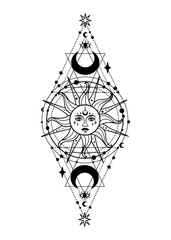 Sun vector, Sacred Geometry magic and esoteric philosophies tattoo celestial boho line art tatoo, vintage style