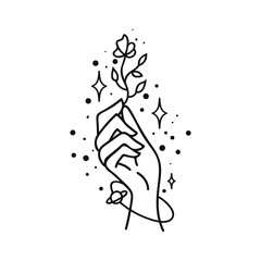 Hand line art vector design, hand drawn flower boho logo or emblem. Magic Symbol for decoration cosmetics, market and packaging or beauty products - 773941127