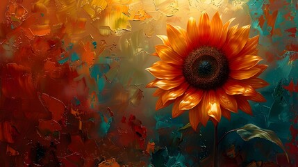 Fototapeta na wymiar Glowing Sunflower Painting in Warm Tones Against Teal Background