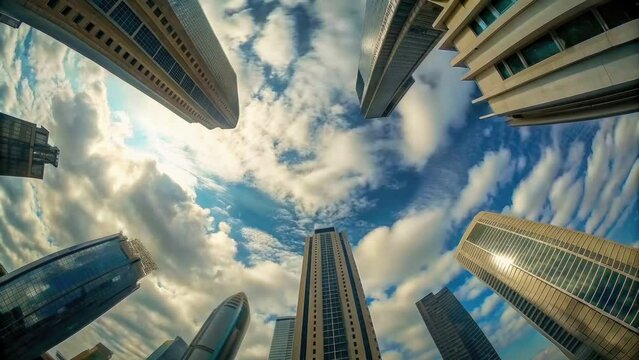 A timelapse of cloud at the building in the business town wide shot tilt