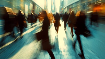Blurry image of people walking down a city street - obrazy, fototapety, plakaty
