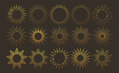 Sunburst gold vintage explosion. Handdrawn vector Design, magical Element. Fireworks collection. Bohemian sunrays linear icons and symbols for decoration - 773941588