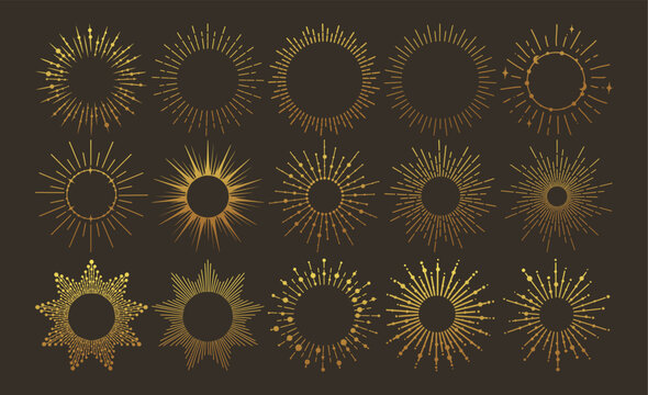 Sunburst gold vintage explosion. Handdrawn vector Design, magical Element. Fireworks collection. Bohemian sunrays linear icons and symbols for decoration