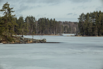 Ice and snow covered lake in early spring. Saimaa Lake in Lappeenranta, Finland