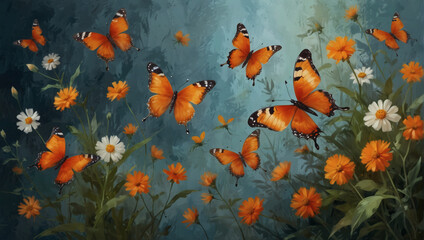 Oil-painted canvas alive with delicate blooms and dancing orange butterflies.