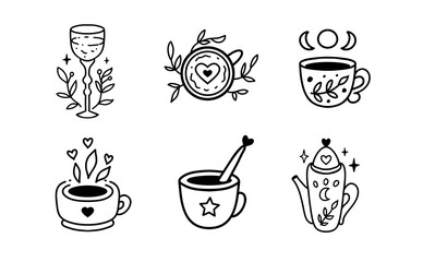 Cup of tea and coffee. Glass of water and wine, Healthy cocktail. Vector illustration. Mental health. Doodle style - 773942180