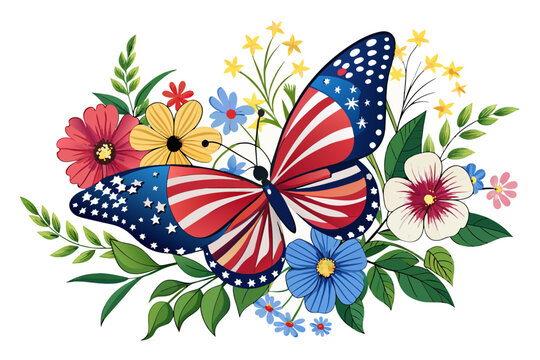 Beautiful Florals butterfly in back USA flag with copy space on white background