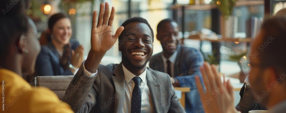 Wall mural Mixed race business team celebrating good results in office meeting. Happy young black man gives high five to coworker while diverse multi ethnic teammates are applauding. Teamwork, Generative AI - Wall murals