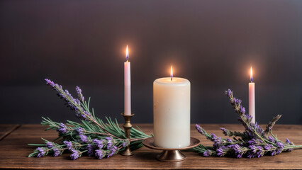 Background with candles and lavender - obrazy, fototapety, plakaty