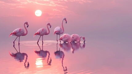 a group of flamingos standing in water - obrazy, fototapety, plakaty
