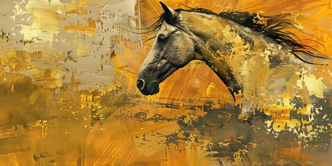 a painting of a horse on a gold background - obrazy, fototapety, plakaty