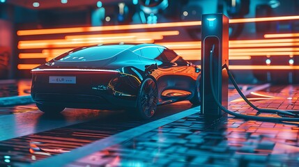 futuristic generic electric EV car vehicle parked at charging station. Generative Ai