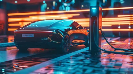 Fototapeten futuristic generic electric EV car vehicle parked at charging station. Generative Ai © Handz
