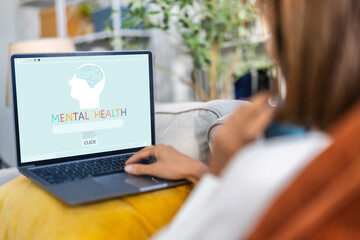 Mental health awareness, human typing on laptop with wellness blogs head and brain physical mental...