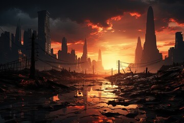 Landscape, ruined streets in an abandoned city, at sunset, digital-art style, view from above