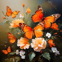 spring flowers blossoming in bright orange butterflies perched atop oil painting on canvas, Ai Generated