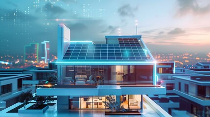 futuristic generic smart home with solar panels rooftop system. Generative Ai - obrazy, fototapety, plakaty