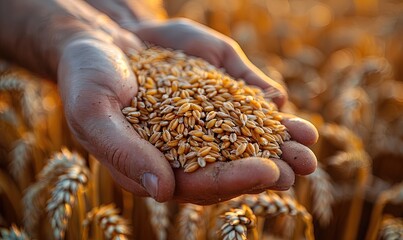 A handful of wheat in strong male hands against the background of a mown field - obrazy, fototapety, plakaty