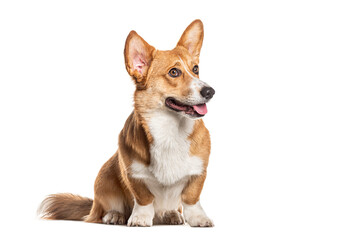 Welsh corgi Cardigan, sitting, looking away and panting, Isolated on white
