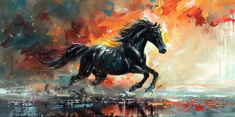 a painting of a horse running in the rain - obrazy, fototapety, plakaty