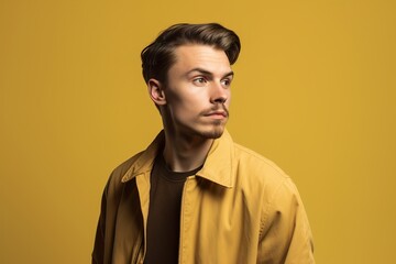Obraz premium A man in a yellow jacket stands in front of a yellow background