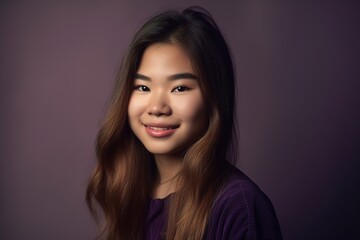 Fototapeta premium A young woman with long brown hair and a purple shirt is smiling for the camera