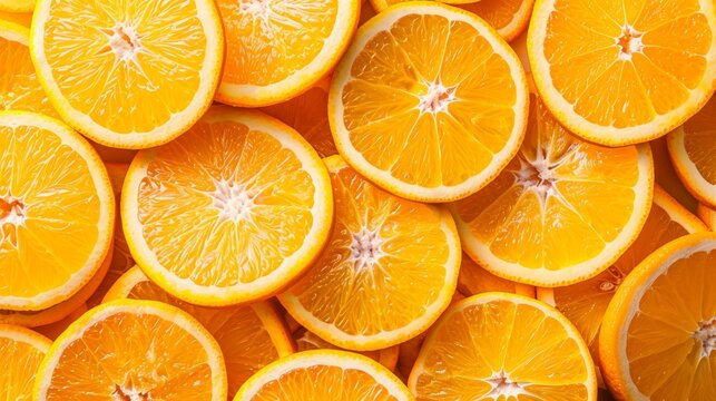 A sun-kissed array of orange slices, top view creating a refreshing and zesty fruit background