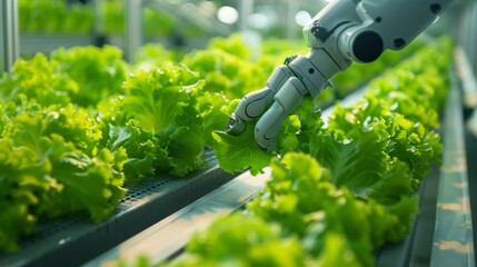 A robotic arm in action, showcasing the elegance of hydroponic lettuce harvesting with cinematic flair - obrazy, fototapety, plakaty