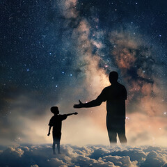 Father Day A father and son reaching out to each other, with the sky as their backdrop - obrazy, fototapety, plakaty