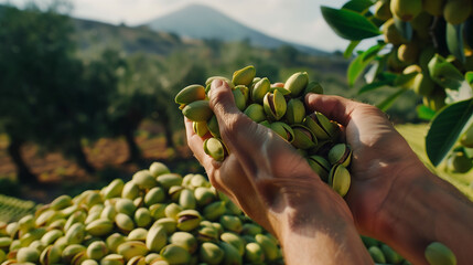 the pistachio baron of Bronte, gently holds a handful of fresh, green pistachios, letting them symbolically fall back into a colossal pile. The background features a traditional Sicilian farm