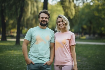 A man and a woman are standing in a park