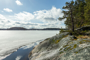 Ice and snow covered lake in early spring. Saimaa Lake in Lappeenranta, Finland