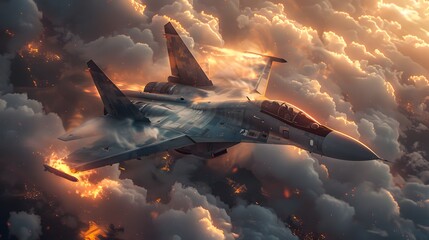 In a display of sheer power and precision, a fighter jet cuts through the air, leaving behind a trail of smoke and flames that ignites the atmosphere. - obrazy, fototapety, plakaty