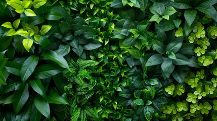 A living wall of greenery, where soft bushes and lush vegetation create a stunning, natural wallpaper in vivid close-up - obrazy, fototapety, plakaty
