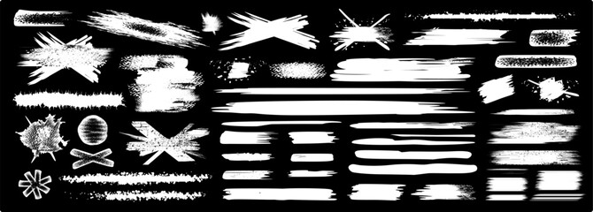 Vektor Set Tinte Design Elemente - Pinsel Striche Pinselstriche mit Klecksen - Farbkleckse Farbe Schwarz und isoliert - abgenutzter Effekt - schwarzer Hintergrund