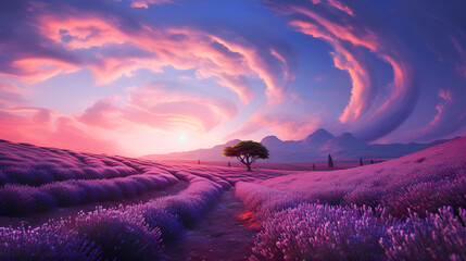 sunset over the field,a purple sunset with a tree in the middle of it.A vast lavender field at sunset, with the sky painted in shades of pink and orange