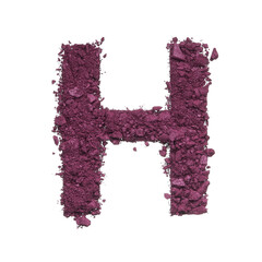 Stencil capital letter H made by burgundy crushed eye shadow or broken powder isolated on white background.