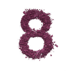 Number eight made by burgundy crushed eye shadow or broken powder isolated on white background
