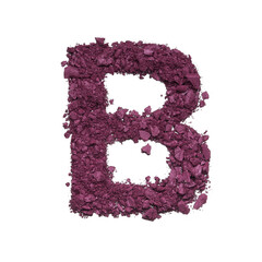 Stencil capital letter B made by burgundy crushed eye shadow or broken powder isolated on white background.