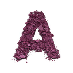 Stencil capital letter A made by burgundy crushed eye shadow or broken powder isolated on white background.