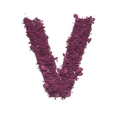 Stencil capital letter V made by burgundy crushed eye shadow or broken powder isolated on white background.