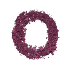 Stencil capital letter O made by burgundy crushed eye shadow or broken powder isolated on white background.