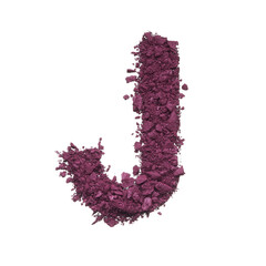 Stencil capital letter J made by burgundy crushed eye shadow or broken powder isolated on white background.