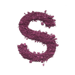 Stencil capital letter S made by burgundy crushed eye shadow or broken powder isolated on white background.
