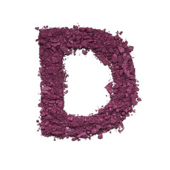 Stencil capital letter D made by burgundy crushed eye shadow or broken powder isolated on white background.