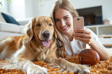 A woman taking a selfie with her dog on the floor in a bright living room. A golden retriever laying down next to the lady holding an iPhone and a football toy beside them.