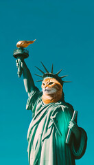 Statue of Liberty with an intriguing cat  face against a clear blue sky, ideal for creative tourism and quirky travel marketing. - obrazy, fototapety, plakaty