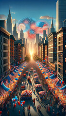 A bustling city street celebration with vibrant fireworks for Independence Day, showcasing urban...